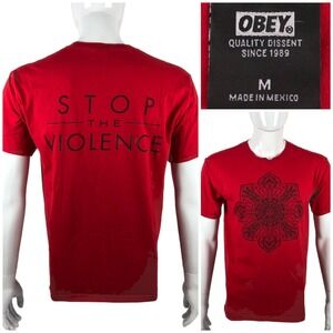 OBEY Mens Medium Shirt Red Crew Neck Stop The Violence Made In Mexico Cotton